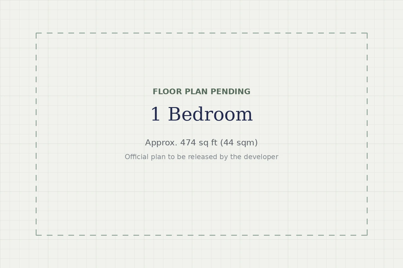 One Chuan Grove 1 Bedroom floor plan pending: approx. 474 sq ft (44 sqm), official plan to be released by the developer