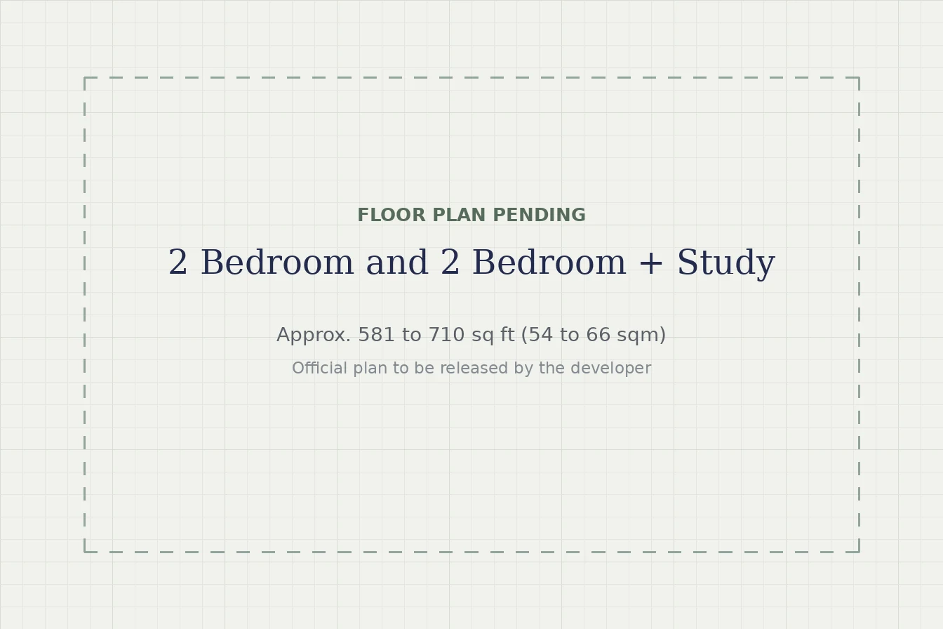 One Chuan Grove 2 Bedroom and 2 Bedroom + Study floor plan pending: approx. 581 to 710 sq ft, official plan to be released by the developer