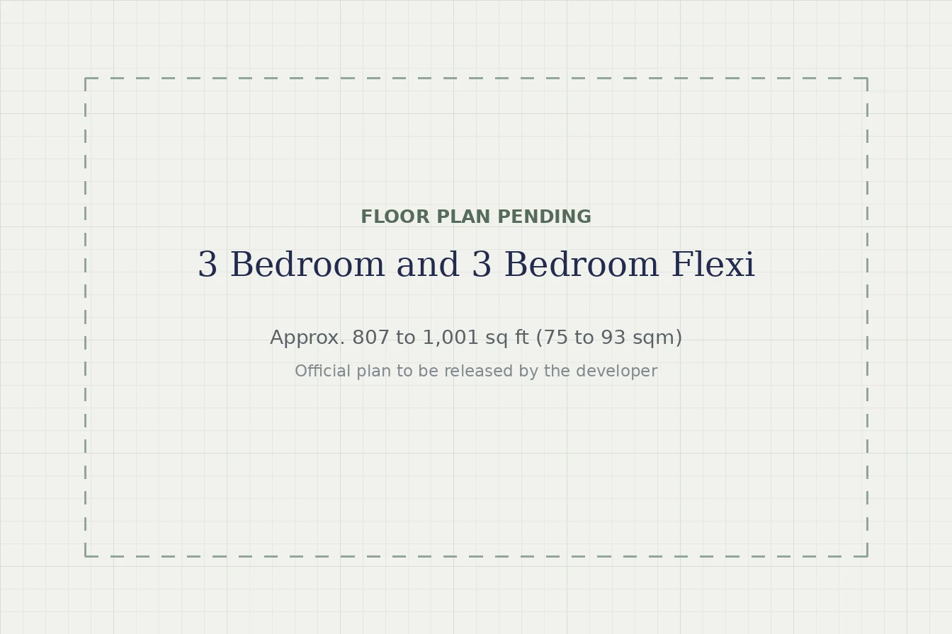 One Chuan Grove 3 Bedroom and 3 Bedroom Flexi floor plan pending: approx. 807 to 1,001 sq ft, official plan to be released by the developer