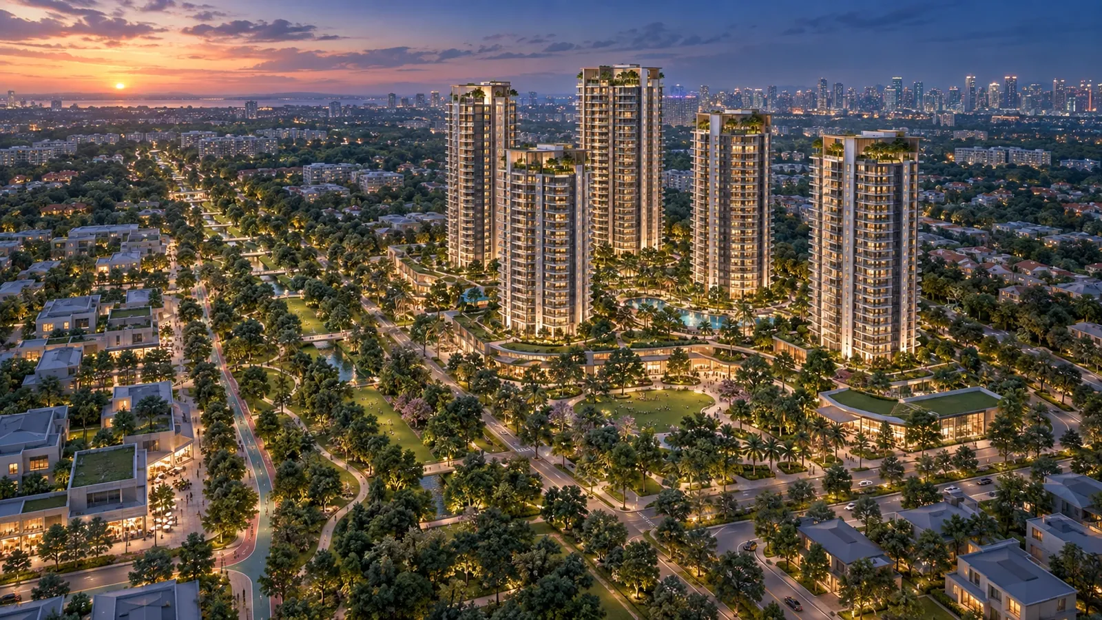 Artist's impression of One Chuan Grove towers rising over the tree-lined Lorong Chuan neighbourhood in District 19 at dusk
