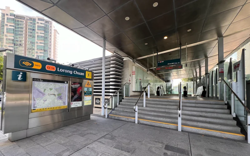 Exit B of Lorong Chuan MRT station (CC14) on the Circle Line, the nearest station to One Chuan Grove