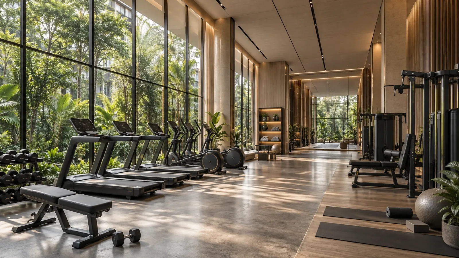 Artist's impression of the One Chuan Grove residents' gym with treadmills and weights facing tropical greenery