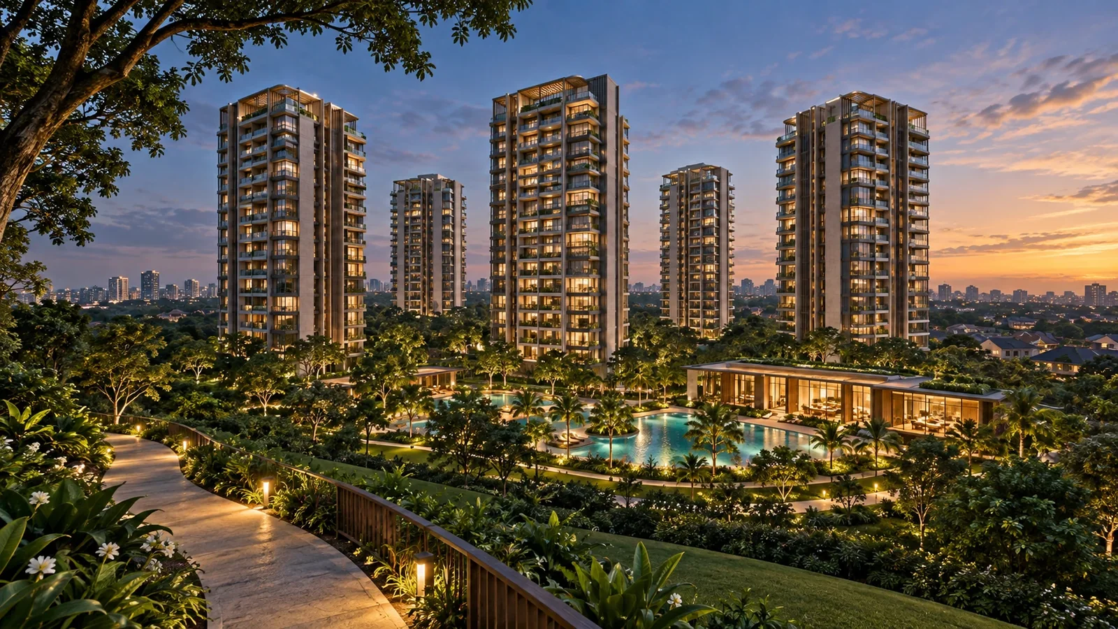 Artist's impression of the One Chuan Grove towers and pool deck at dusk, seen from a landscaped walkway