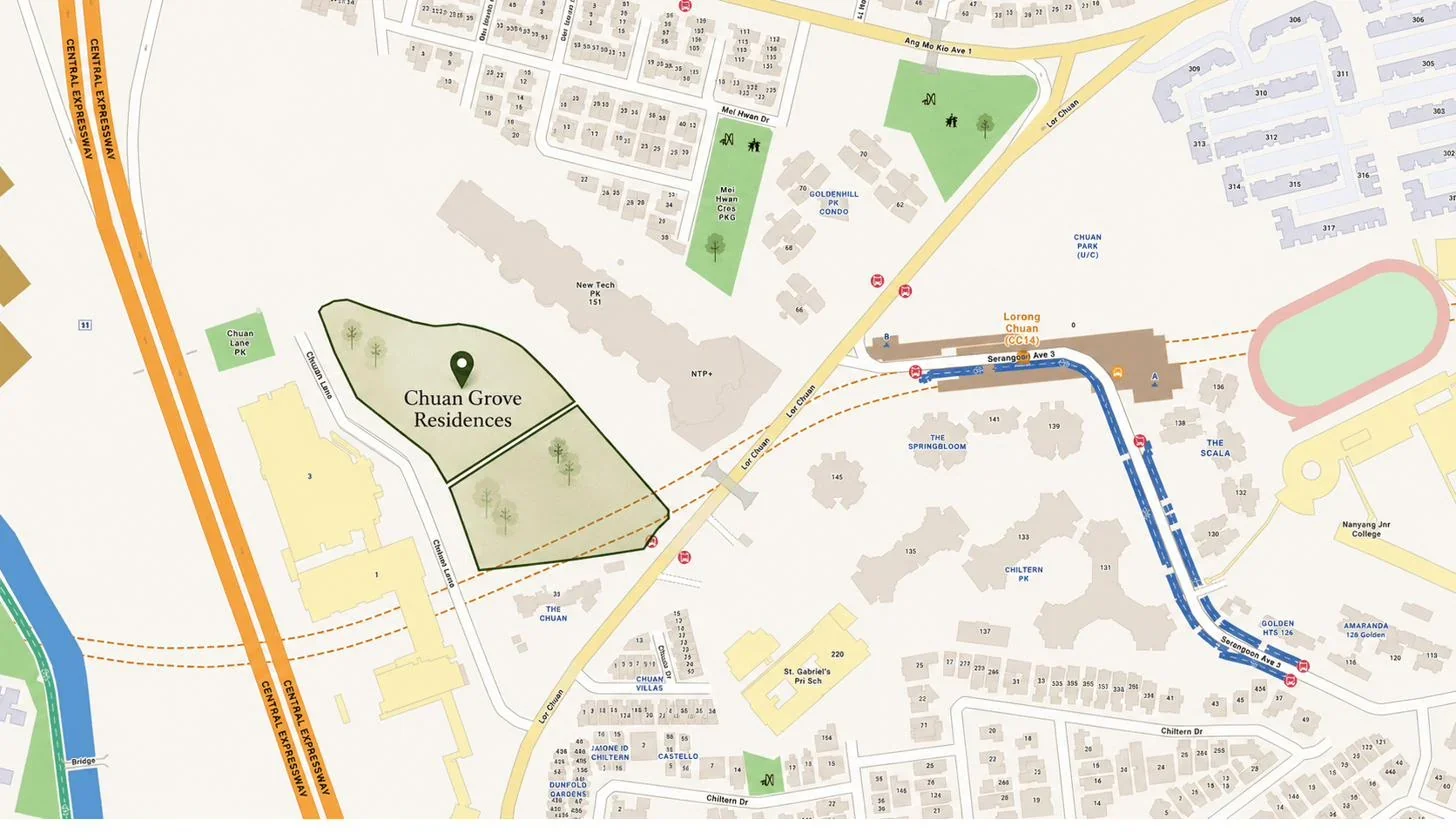 Location map of the two One Chuan Grove parcels on Chuan Lane off Lorong Chuan, between the Central Expressway and New Tech Park, west of Lorong Chuan MRT (CC14) and near St. Gabriel's Primary School