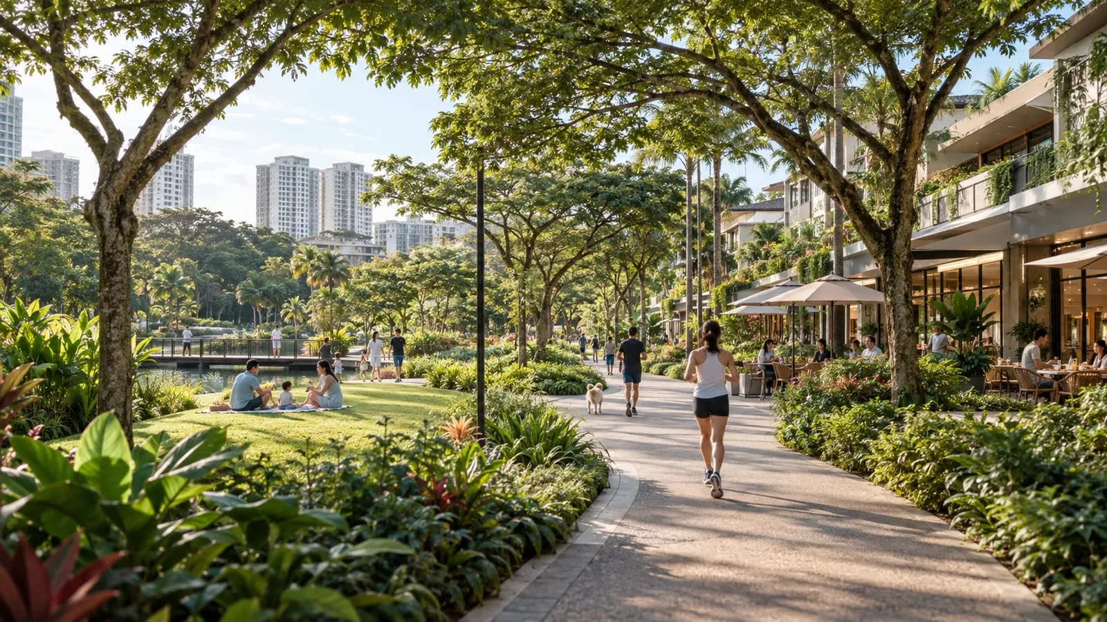 Families, joggers and cafes along a tree-lined park connector, the kind of neighbourhood living around One Chuan Grove