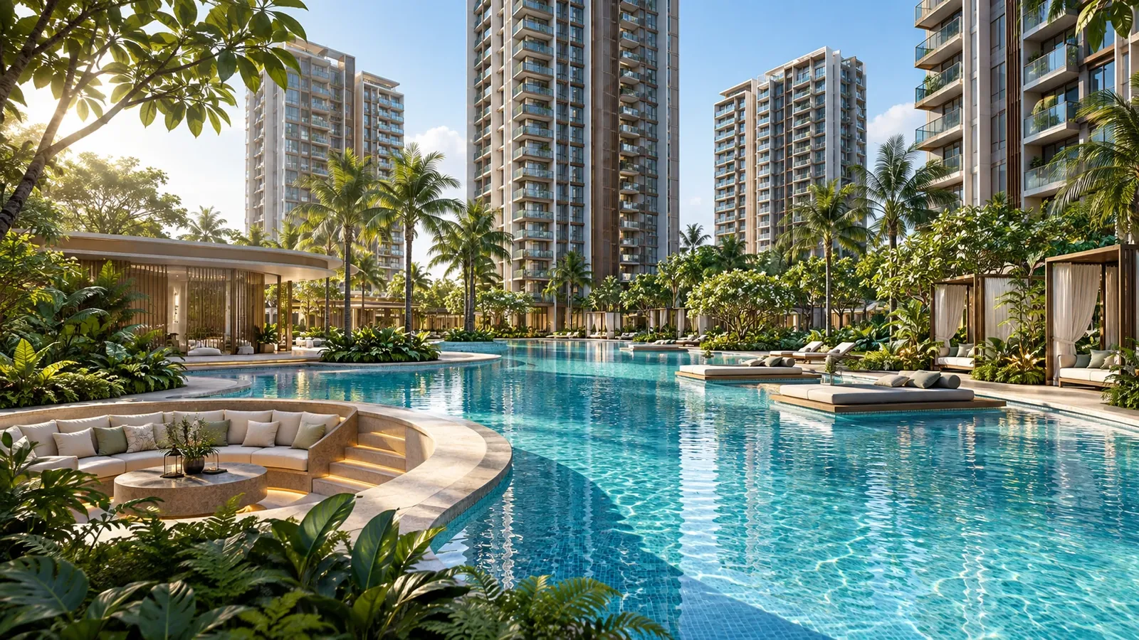 Artist's impression of the One Chuan Grove swimming pool with cabanas and a sunken lounge between the residential towers