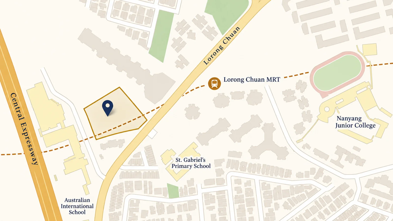 Illustrated map of the One Chuan Grove site off Lorong Chuan, between the Central Expressway and Lorong Chuan MRT, near St. Gabriel's Primary School and Nanyang Junior College